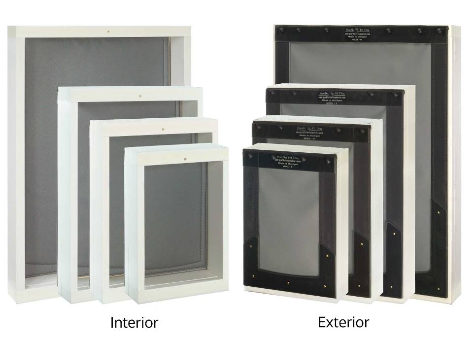 Size comparison of small, medium, large, and XL Freedom Pet Pass wall-mounted pet doors